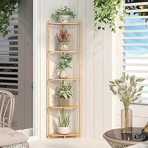 Wisuce Corner Shelf Stand - 5 Tier Natural Bamboo Small Corner Bookshelf for Office Kitchen Bedroom Plant Stand Living Room Decor Small Space