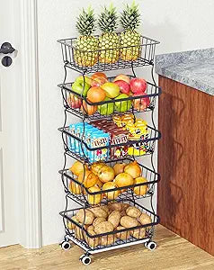 OKZEST 5 Tier Fruit Basket for Kitchen, Stackable Bins Wire Rack with Wheels, Fruit and Vegetable Storage Basket Pantry Food Snack Organizer Shelf, Kitchen Storage Cart for Onion and Potato, Produce