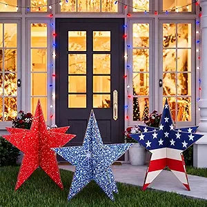Gerrii 3 Pcs Large 4th of July Stars Wooden Sign 15.75'' Patriotic Red White Blue Outdoor Yard Sign Decorations for 250th Anniversary 4th of July Memorial Day Garden Yard Lawn Outdoor Decor
