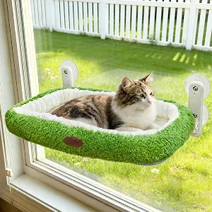 Woochpet Cat Window PerchCordless Foldable Cat Hammock Bed for Window with Solid Metal Frame and Ultra Soft Machine Washable Bed with 4-Sided Bolster, 4 Strong Suction Cups Window Resting Seat