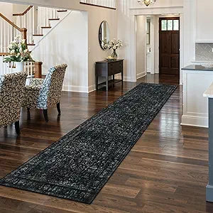 LEEVAN Black Vintage Hallway Runner 2.5x12,Distressed Floral Long Kitchen Runner Rug,Soft Washable Indoor Runner Rug Non Slip for Entryway,Bathroom,Laundry Room,Bedroom,Office