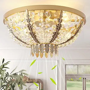 20" Gold Crystal Fandelier Ceiling Fan with Light, Crystal Flush Mount Ceiling Fan with Light Remote Control,Mid-Century Caged Crystal with 6 Speed for Bedroom, Nursery, Living Room