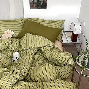 mixinni Vintage Stripes Duvet Cover Set Queen - 3-Piece Mid-Century Cotton Olive & Taupe Striped Bedding, Soft Breathable All-Season Comforter Cover with Zipper Closure & Corner Ties-Queen Size