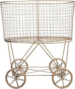 Creative Co-Op Vintage Reproduction Decorative Metal Laundry Basket on Wheels, Copper