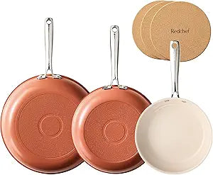 Redchef Nonstick Ceramic Frying Pan Set, Induction Compatible Skillets with Stay Cool Handles & 3 Cork Storage Pads,PFOA PFAS PTFE Free, All stovetop suitable, Oven Safe, Pumpkin Orange8+9.5+11"
