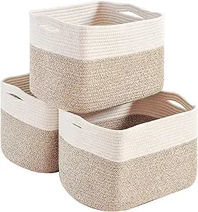 Storage Baskets for Organizing, Woven Storage Baskets for Shelves, Toy Storage Baskets for Kid's Room, Towel Baskets for Bathroom Nursery, 14.8"11"9.5", Pack of 3, Off White & Brown