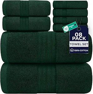 DAN RIVER 8 PC Luxury Bath Towels for Bathroom, 2 Bath, 2 Hand, and 4 Wash Cloths, 600 GSM 100% Ring Spun Cotton Towel Set, Highly Absorbent, Gym, Hotel, and Spa, Hunter Green