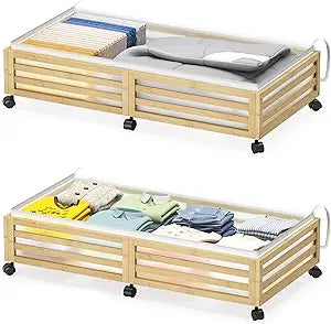 Under Bed Storage Containers With Wheels - 2 Pcs Large Bamboo Wood Rolling Underbed Shoe Storage Bins With Dust Bags for Clothes Blankets, Duvet Covers Snacks Toys (Natural)