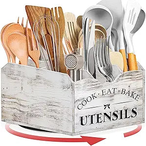 [Upgraded] Extra Large Kitchen Utensil Holder for Countertop with 360 Rotating Base, 6 Compartments, Removable Divider, Wooden Utensil Organizer for Countertop, Farmhouse Kitchen Decor