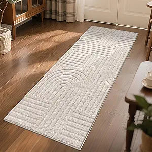 SHACOS Soft Cozy Fluffy Arch Pattern High Low Pile Runner Rugs 2'x6' Non Slip Washable Scandinavian Minimalist Rug Modern Geometric Arc Carpet for Living Room Bedroom Bathroom, Beige