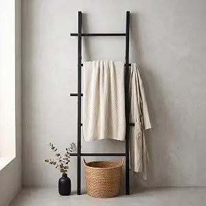 Solid Wood Blanket Ladder, 5-Tier Towel Rack with Hooks, Wall-Leaning