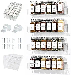 4-Tier Acrylic Wall Mount Spice Rack, Spice Organizer with 24 Glass Jars, 216 Labels & Funnel, Adhesive & Screw Mount Clear Spice Storage for Kitchen Pantry Cabinet, 12W x 2.2D x 2.4H