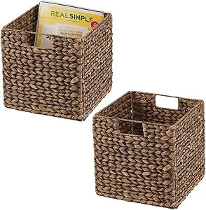 mDesign Natural Woven Hyacinth Cube Organizer Basket with Handles, Storage for Bathroom, Laundry Room Shelf or Nursery - Perfect for Cubby Storage Units - Hold Blankets and Books - 2 Pack, Brown Wash