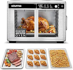 Gourmia French Door Air Fryer Oven - 37 Qt Large Capacity Convection Toaster Oven, FryForce 360, Digital Display, 12 Cooking Presets, Dehydrate, Fits 13 Pizza, Dishwasher-Safe, Stainless Steel