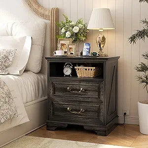 Unikito 24" Tall Farmhouse Nightstand with Charging Station, Rustic End Table with Drawer & Open Storage, Beside Table for Bedroom, Gray Oak