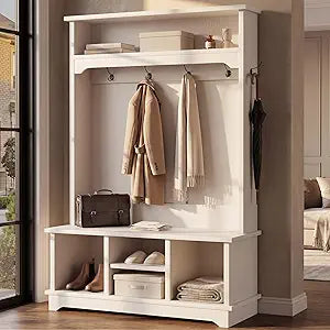 Farmhouse Hall Tree with Bench and Shoe Storage 67" H Mudroom Bench with Coat Rack, 5 Metal Hooks, 5 Storage Cubes & Anti-Tip Kit, for Family Hallway Bedroom Entryway Organizer, White
