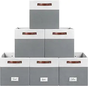 FinishingBo 6-Pack Storage Cubes with Handles & Label Holders Basket, Closet Cube Home Organizer Bins(White/Dark Grey, 13 x 13 x 13 inch)