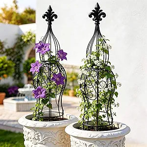 2-Pack Garden Obelisk Trellis for Climbing Roses & Flowering Vines, 30" Tall Iron Plant Support, Tool-Free Snap Assembly, Decorative Outdoor Accent for Patio Planters & Entryways