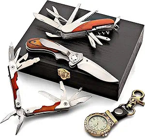 Kings County Tools Multi-Purpose Tool Set | 9 Function Folding Multitool | Multi-Blade Knife | One-Handed Liner Lock Pocket Knife | Belt Watch | Beautiful Wooden Storage Box | Great for Gifts