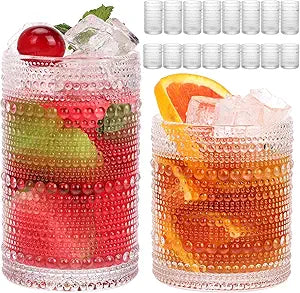 Moretoes Hobnail Drinking Glasses Set of 16, 12 Oz Highball Glasses & 10 Oz Cocktail Glasses, Clear Embossed Boho Glass Cups Kitchen Bar Tumbler Glassware Set for Whiskey, Beer, Juice, Milk (Clear)