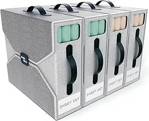 4 Pack Bed Sheet Organizers - Foldable Bedsheet Organizers and Storage, Sheet Organizers for Linen Closet, Sturdy Sheet Holder with Window, Labels & Handles for King/Queen Bed, Towels & Blankets