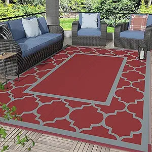 GENIMO 8' x 10' Outdoor Rug Waterproof for Patio Decor, Foldable Reversible Plastic Straw Area Rugs Mat for Camper, Outside Carpet for Rv, Deck, Porch, Picnic, Beach, Balcony, Red & Grey