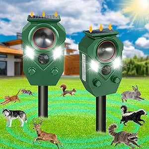 Ultrasonic Animal Repeller Outdoor - Cat Repellent & Deterrent with PIR Sensor & Flashing Light,Solar Powered Deer Repellent for Squirrels, Raccoons, Skunk,Rabbit,and Dogs, IP65 Waterproof 2 Pack