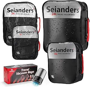 Vacuum Travel Bags with Pump for Car Camping & Backpacking - 6.0kPa Wireless Pump, Odor/Waterproof Anti-Rip Nylon Organizer & Space Saver (24L*1, 17L*1, 2-Pack)