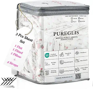 Twin Size Pink Floral Bed Sheet Set, 7-Piece 100% Microfiber Sheets, Ultra Soft Deep Pocket up to 16 Inch with 4 Corner Straps, Oeko-TEX Certified Wrinkle-Free Bedding (Pink, Twin)