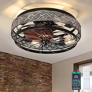 SHIHOT 18" Low Profile Caged Ceiling Fans with Lights and Remote, Flush Mount Ceiling Fan with Light, Bedroom Fan, Small Industrial Black Ceiling Light Fixture, Reversible(Bulbs Not Included)