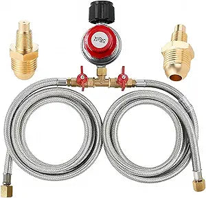 0-20 Psi Adjustable Propane Regulator with Hose. 8 Feet Y Splitter Double Braided Hose with 1/8" MNPT Pipe Fitting for Double Propane Outdoor Burner, Turkey Fryer, Cooker