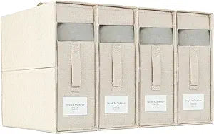Simple&Opulence 4 Pack Bed Sheet Organizers and Storage, Linen Closet Organizers, Sheets Set Folder Storages with Window and Label (Queen/King Size) Organizing Bedding Container, Linen