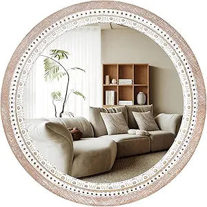 Reflinto 30 Inch Rustic Farmhouse Round Mirror for Wall Decor, Boho Wood Frame Circle Decorative Mirrors for Bathroom Over Sink, Bedroom, Living Room, Entryway, Foyer