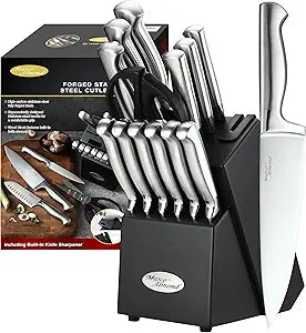 Marco Almond Knife Set with Block KYA28, 14 Pieces Stainless Steel Chef Cutlery Kitchen Knives Block Set with Built-in Sharpener