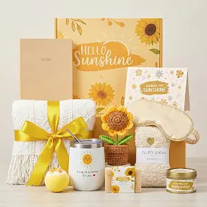 Sunshine Gift for Women - 11 Pcs Unique Care Package with Sunflower Gifts, Thoughtful Self Care Gift Basket for Mom Sister Wife, Get Well Soon & Birthday Present with Blanket & Tumbler