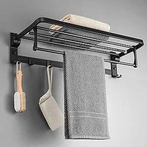 MUSTORN Towel Rack Wall Mount for Bathroom with Towel Bar and Hooks 23.6 in Foldable Towel Shelf Lavatory Towel Organizer Matte Black