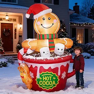 ZPISF 6 FT Christmas Inflatables Outdoor Decorations, Cute Christmas Blow Up Yard Decorations Gingerbread Man in Hot Cocoa Mug Scene for Garden Lawn Xmas Decor
