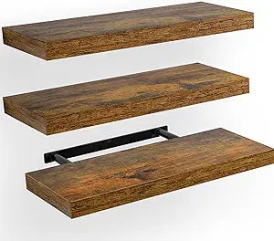 AMADA HOMEFURNISHING Floating Shelves, Wall Shelves for Bathroom/Living Room/Bedroom/Kitchen Decor, Decor Shelf with Invisible Brackets Set of 3, Rustic Brown - AMFS07V