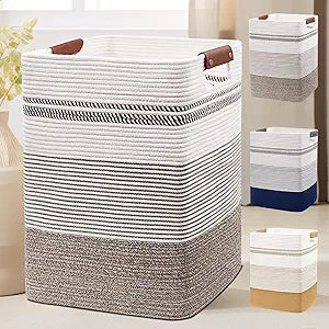 DOFASAYI Laundry Basket - 85L Large Cotton Rope Blanket Basket with Leather Handles, Decorative Storage Hamper, Clothes Hamper for Living Room, Bedroom, Rice Brown & White