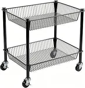 2 Tier Rolling Pantry Cart on Wheels Thick Metal Pantry Floor Organizer Small Utility Cart for Small Space, Fruit Vegetables Rack for Kitchen, Under Desk Storage Onion Potato Storage Basket, Black