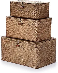 Hipiwe Set of 3 Natural Seagrass Storage Baskets with Lid - Large Handwoven Wicker Storage Bins Rectangular Household Organizer Boxes Shelf Wardrobe Organizer, Coffee