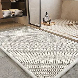 PADOOR-Bath Mat-Super Absorbent Chenille Bathroom Mats-Rubber Backed Bath Mats for Bathroom Non Slip, Easy Clean Bathroom Rugs Front of Bathtub,Shower Room,Sink-2436, Beige&Cream