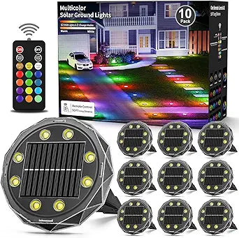 Solar Ground Lights with Remote, Color Changing Solar Disc Lights Waterproof, Flat Solar Powered Outdoor Landscape Lighting for Pathway, Yard, Deck, Lawn, Patio, Walkway, Poolside, 10 Pack