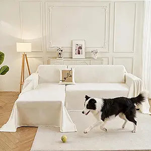 Sectional Couch Covers 2-Piece for L Shape Sofa, Chenille Washable Sofa Cover for 3-4 Cushion Couch, Non-Slip Furniture Protector for Dogs,Pets, Soft Couch Blanket Slipcovers Sets (XXL-Cream)