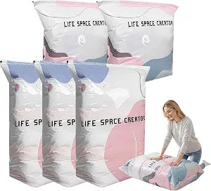 5Pcs No Pump Vacuum Storage Bags, Upgrade Large Better Life Space Storage Bags, Airtight Cube Vacuum Seal Bags for Clothes, Blankets, Bedding, Comforters, Travel & Closet Storage