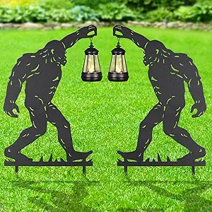 2Pack Solar Outdoor Garden Lights Stakes Solar Metal Bigfoot Lawn Deco Statue Black Bigfoot Patio Garden Decorative Stakes with Lantern Christmas Birthday Gifts for Women Mom and Grandma