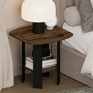 Furinno TIDUR Night Stand, 2-Tier Open Shelf Design Nightstand with Storage, Round Corner Bedside Table, End Table, Side Table, for Bedroom, Closet, Dorm, Columbia Walnut