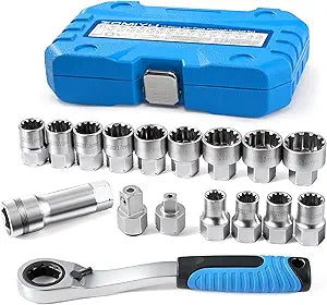 3/8 & 1/2 Drive Pass Through Socket Set, 17-Piece Metric Go-Thru Ratchet Kit, Low Profile for Long Bolts & Tight Spaces, Includes Extension Bar & Adapters, Cr-V Steel