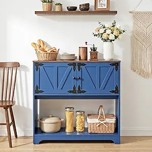 MWOOD Farmhouse Entryway Table, Narrow Console Tables for Entryway, Small Sofa Table Behind Couch with 2 Door Cabinets and Open Storage Shelf, Blue Entry Table for Hallway Foyer Entrance Living Room