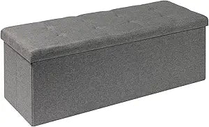 PINPLUS Folding Storage Ottoman Bench, Grey Linen Long Ottoman Chest Foot Rest Stool with Padded Seat, Chest with Cover, Bedroom Bench with Storage, 43.3inches